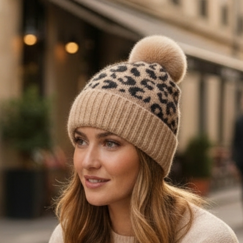 Fuzzy Eyelash Knit Cap Leopard Faux Rabbit Fur Pom-Pom Beanie Winter Pull-on Hat